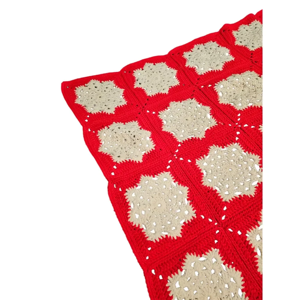 Handmade Crocheted Red and White Afghan 46